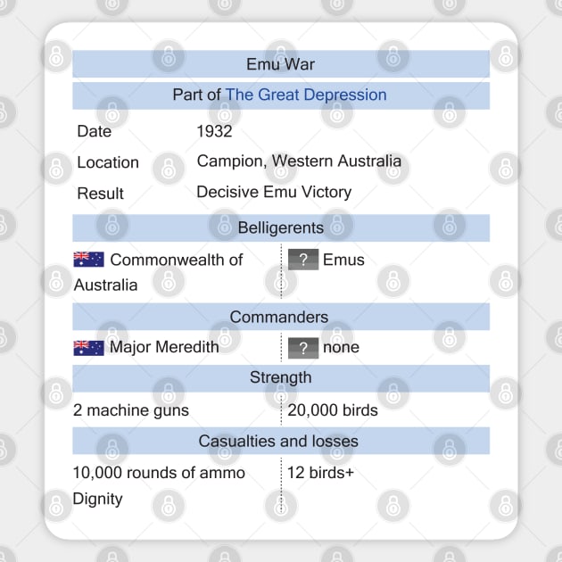 The Great Emu war Wikipedia style information tab Sticker by FOGSJ